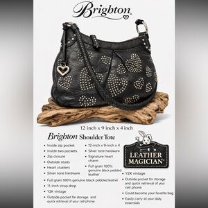 Brighton Black Leather Studded Heart Shoulder Bag Hobo Tote Charm Y2K Vintage